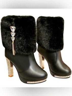 Black Faux Fur Crystal-Embellished Platform Ankle Boots
